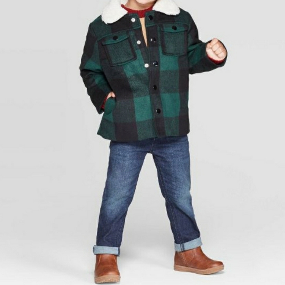 Cat and Jack Green Buffalo Plaid Coat - Picture 3 of 7
